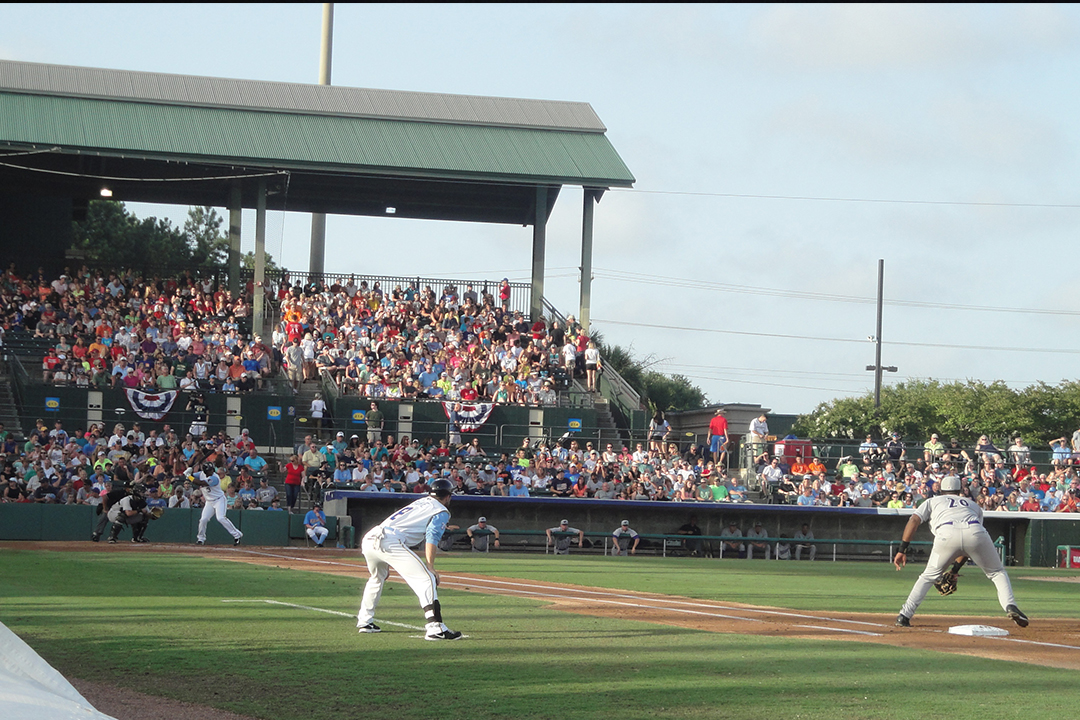 Myrtle Beach Pelican baseball game with stands filled with fans