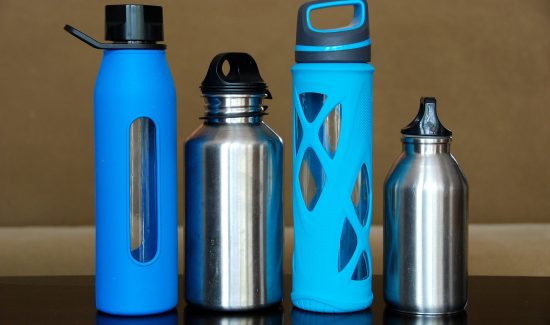 Glass and stainless steel water bottles